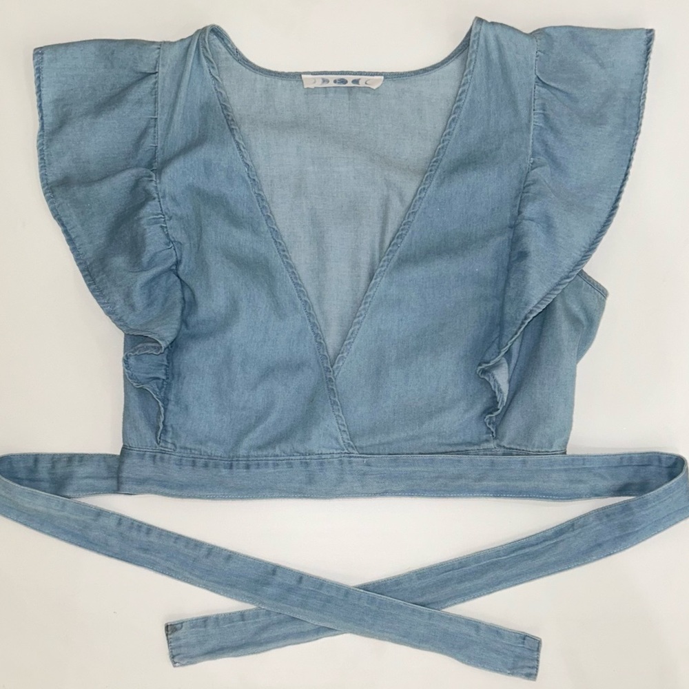Blue Denim Wrap Crop Top with Ruffle Sleeves